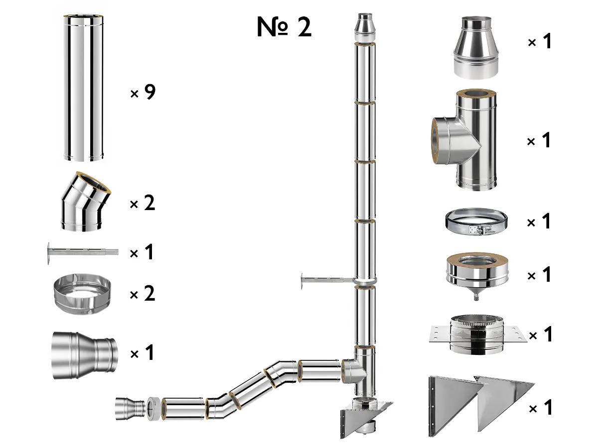 Комплект изолированного дымохода из нержавеющей стали AISI 304, Ø180–250 мм, длина 6 м, для котлов 30–50 кВт (Вариант №2)