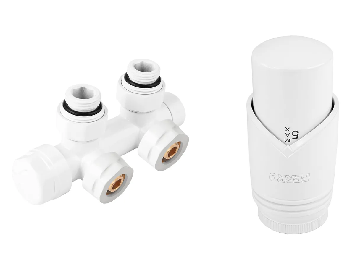 Кран радиаторный двойной Ferro 16*2 белый + термоголовка