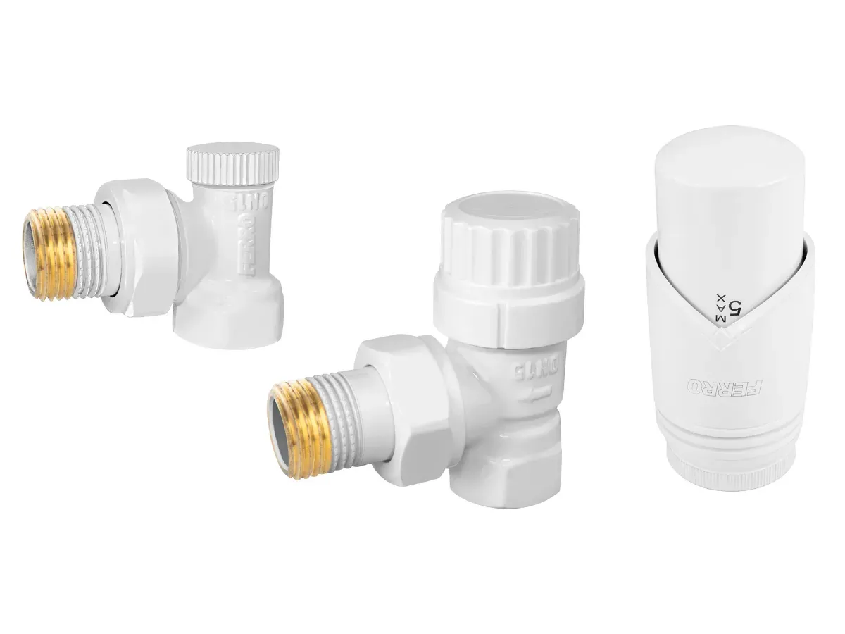 Кран радиаторный угловой Ferro set 1/2 белый + термоголовка