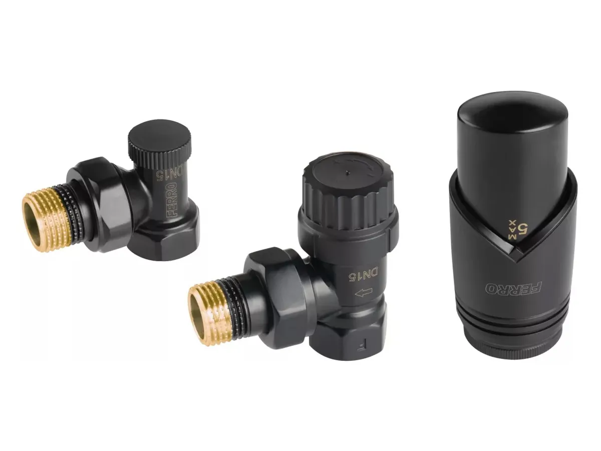 Кран радиаторный угловой Ferro set 1/2' черный + термоголовка