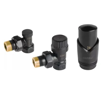 Кран радиаторный угловой Ferro set 1/2' черный + термоголовка
