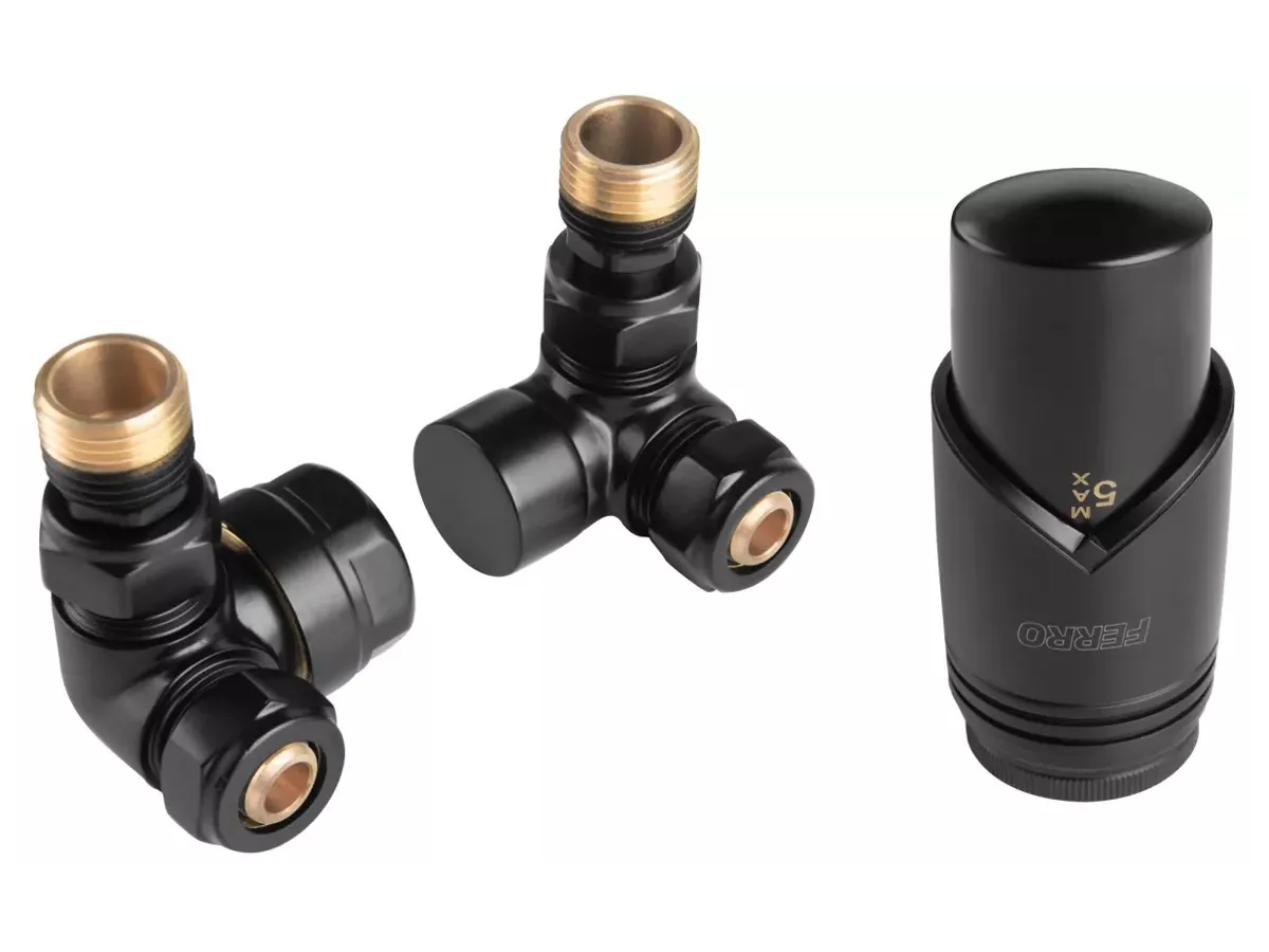 Кран радиаторный осевой Ferro 16*2 Black + термоголовка