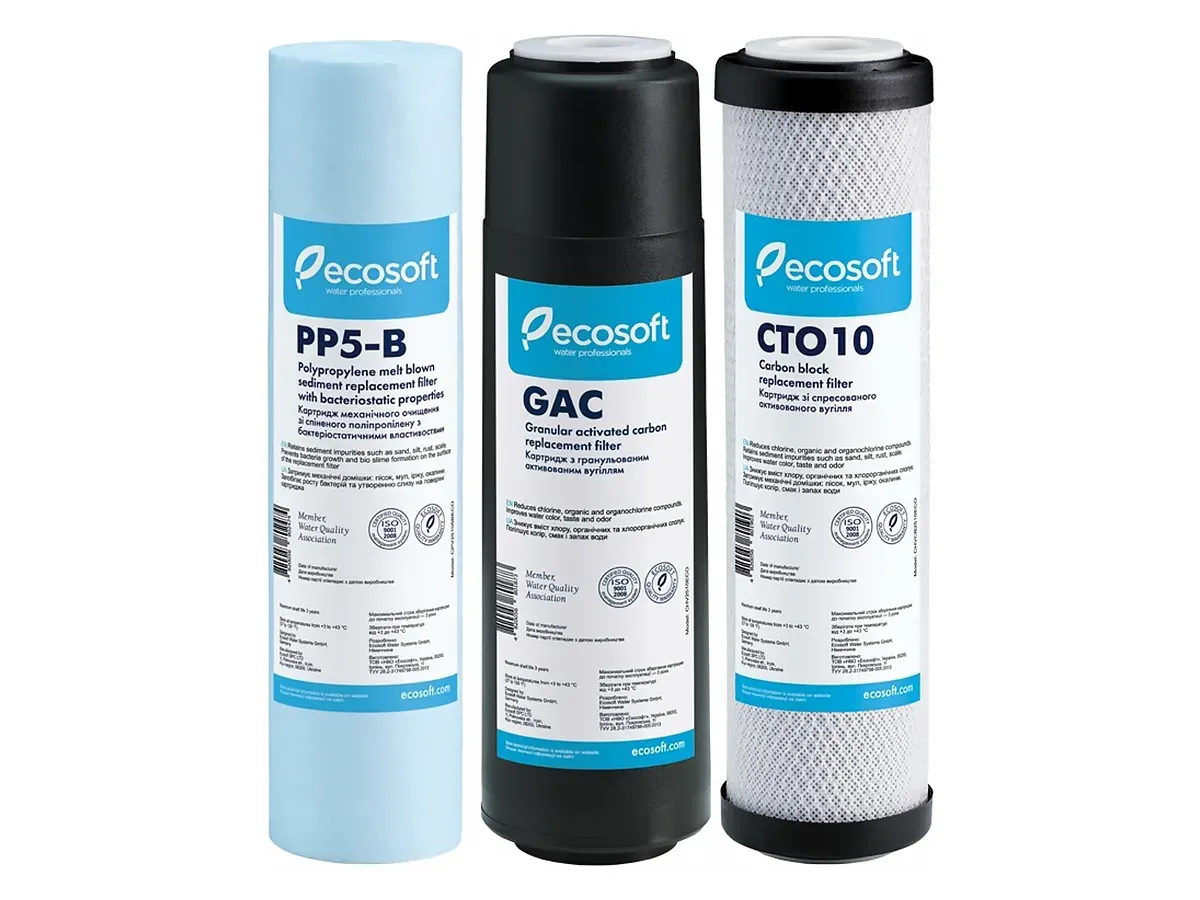 Улучшенный комплект картриджей ECOSOFT 1-2-3 для фильтра обратного осмоса