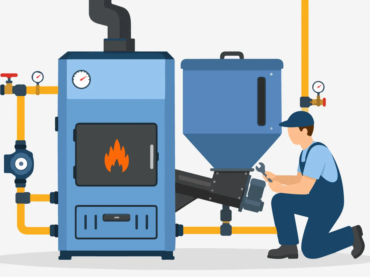 Instalarea standard cazanului pe combustibil solid de 11-15 kW cu încărcare automata (cu buncăr)